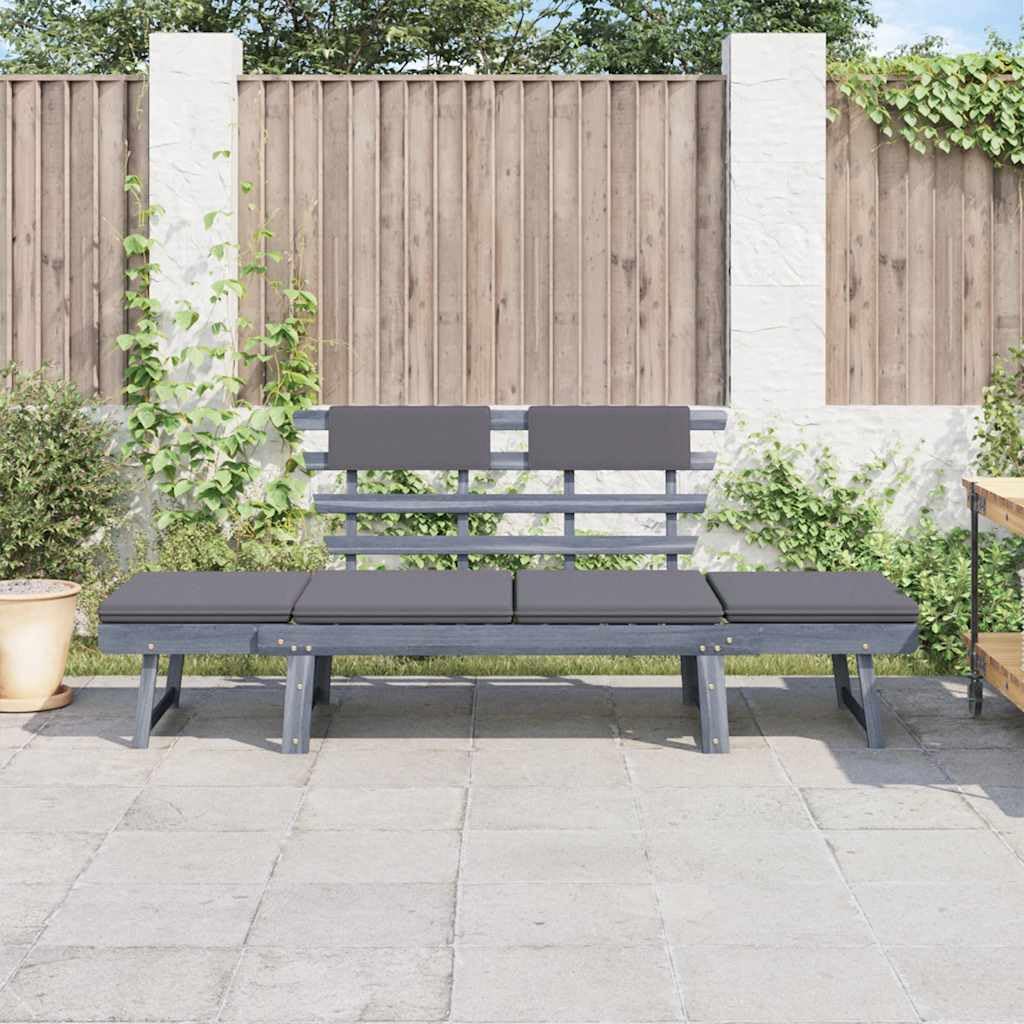 Banco de jardín de madera de acacia 2 en 1, 190 cm, gris, con cojines, banco plegable con laterales ajustables y fundas de almohada extraíbles