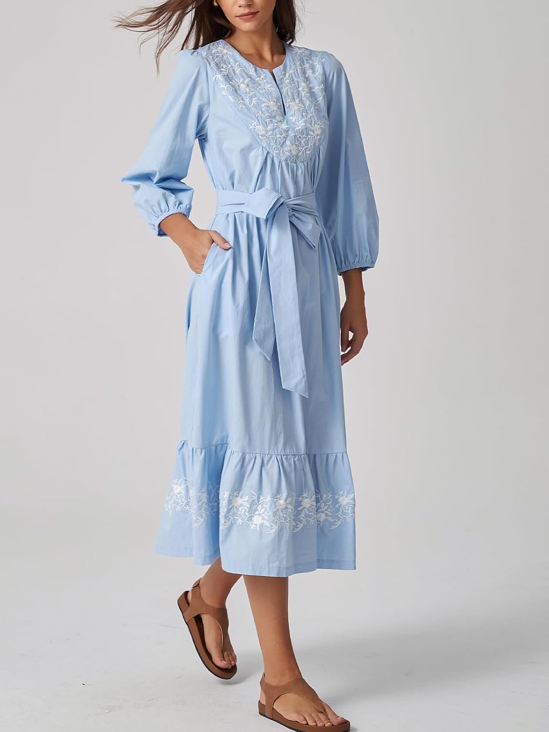 Women Spring Midi Dress 2026 Summer Dresses for Women Embroidered V-Neck 3/4 Sleeve A-Line Flowy Dress with Belt - Image 3