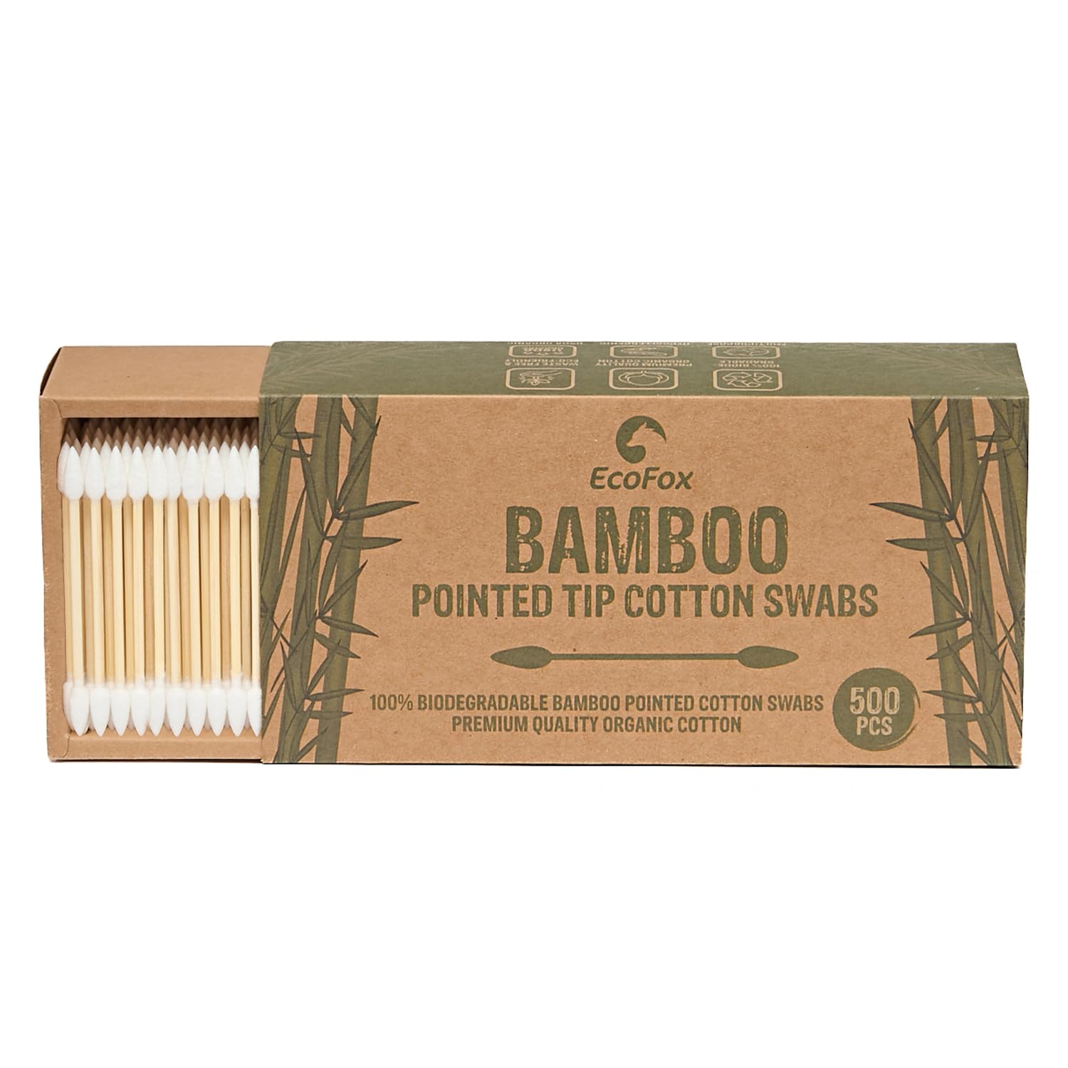Cotonetes EcoFox Bambu - 500 Unidades Biodegradáveis Ponta Fina