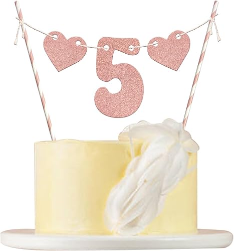 Decoración para pastel de 5 cumpleaños con purpurina de oro rosa, decoración de fiesta de cumpleaños de 5 años, decoración de fiesta de aniversario