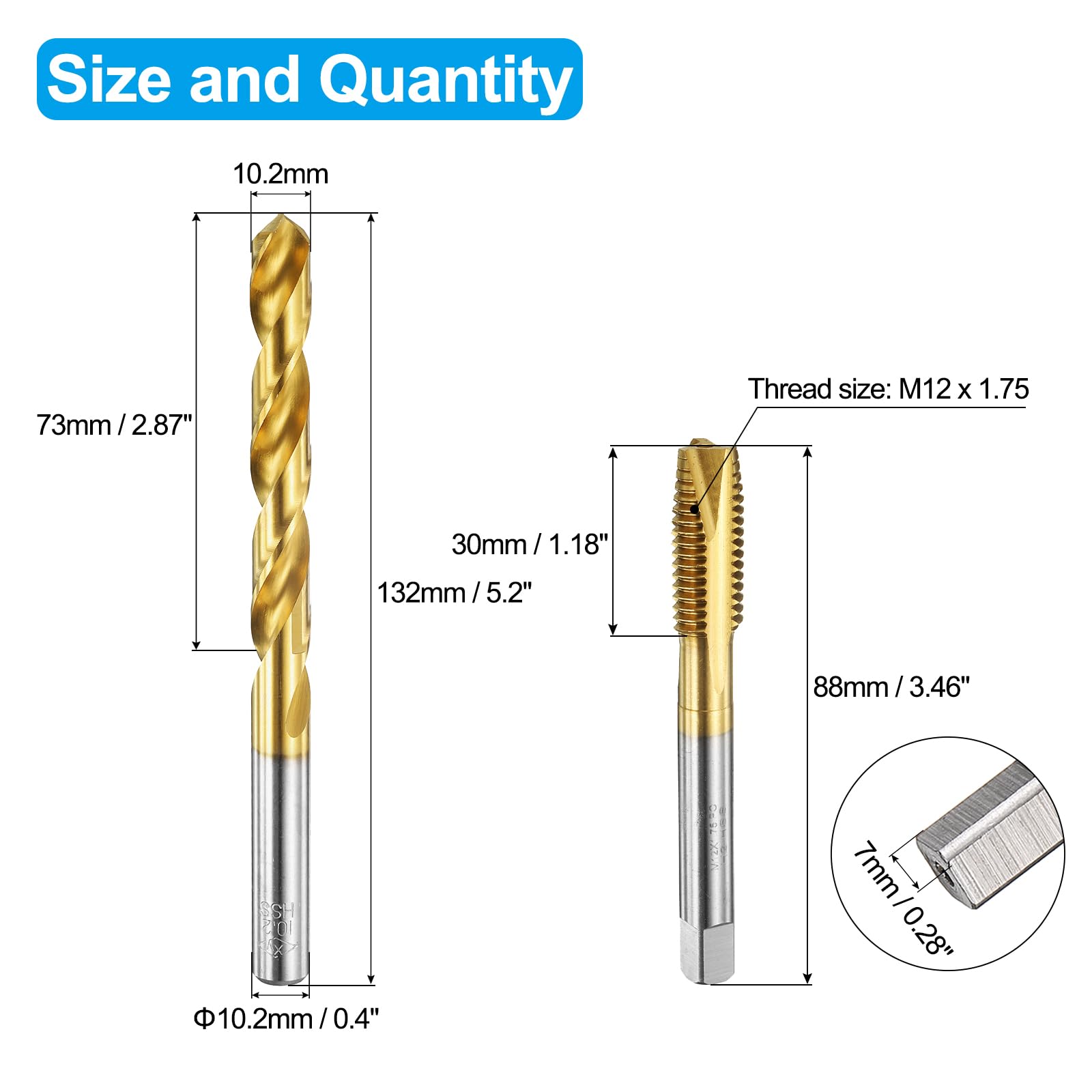 Set di Maschi e Punte da Trapano, 1 Maschio filettato a Spirale metrico M12 x 1,75 e 1 Punta elicoidale da 10,2 mm, Kit di Utensili per Filettatura HSS-6542 Rivestiti in Titanio
