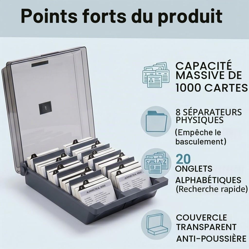 Porte Cartes de Visite,1000 Cartes Grande Capacité Boîte de Rangement,Carte de Visite Boîte,A-Z Lettre Classification Index 8 Compartiments