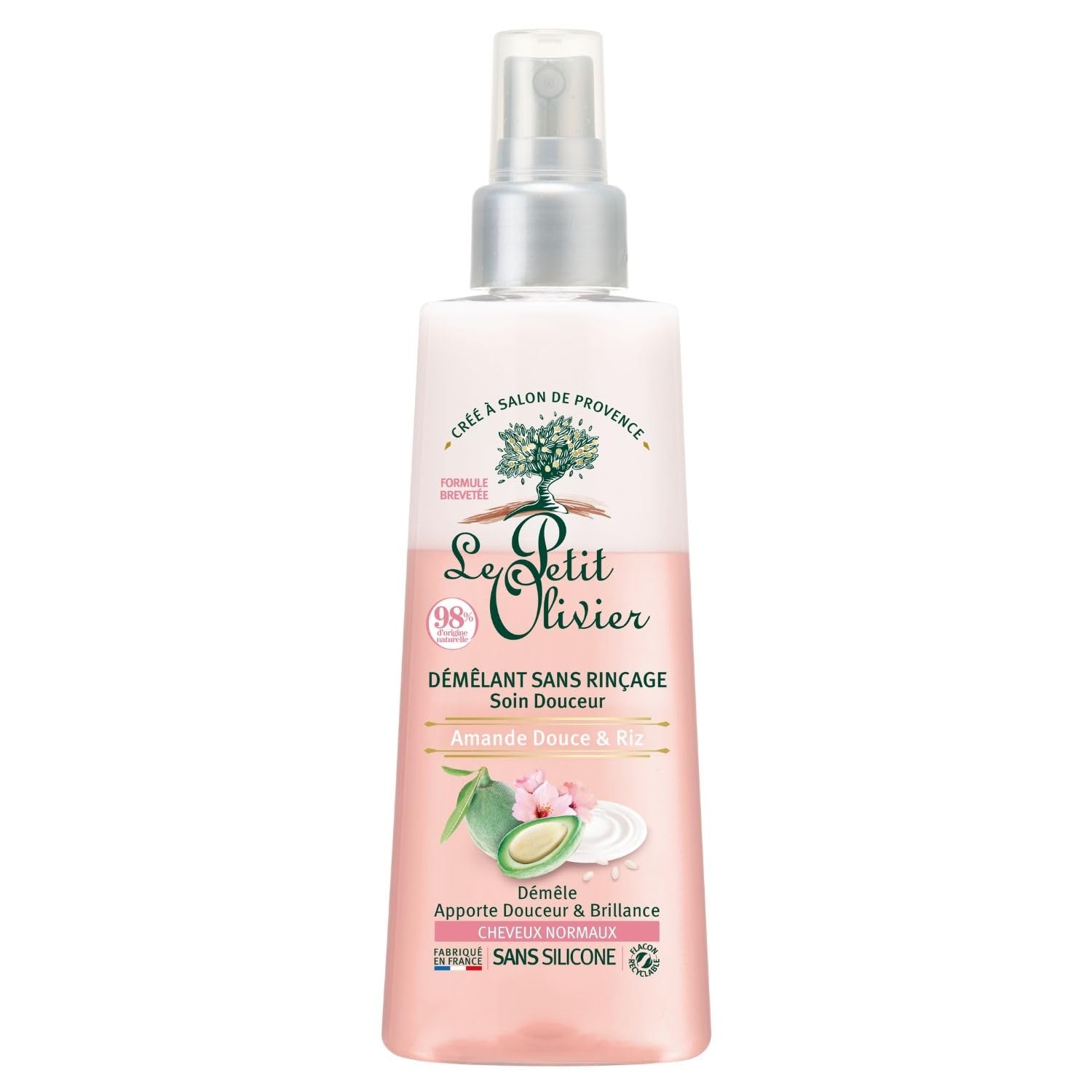 LE PETIT OLIVIER - Spray Démêlant Soin Douceur - Sans Rinçage - Amande Douce & Crème de Riz - Démêle, Apporte Douceur & Brillance - Cheveux Normaux - Sans Silicone - Fabriqué en France - 150 ml
