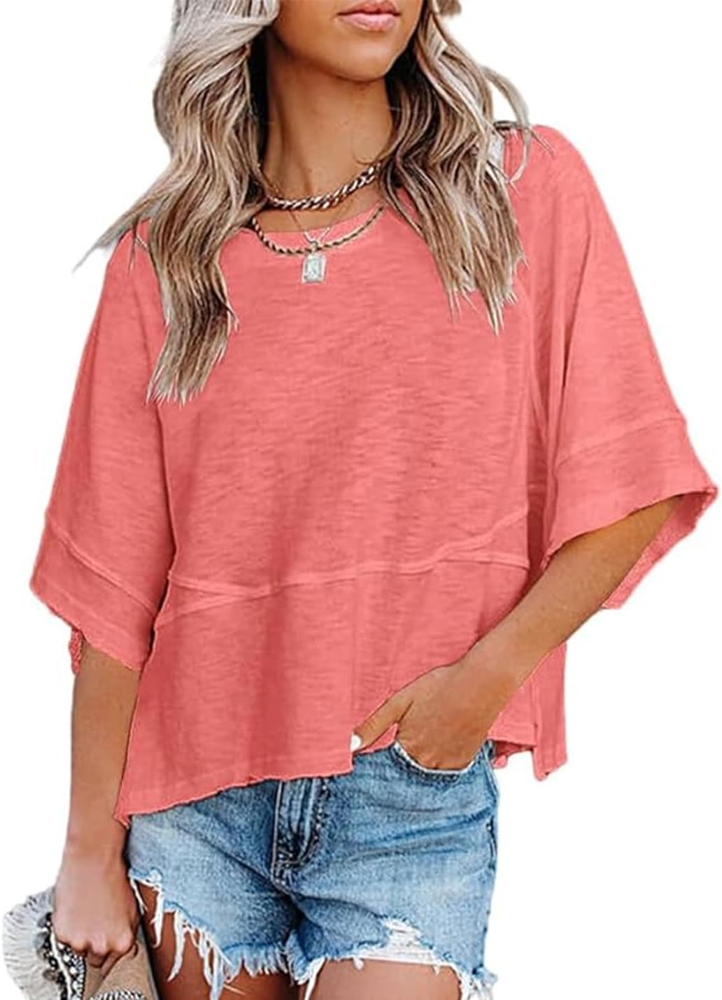 Women’s Fashion Casual T Shirt Round Collar 3/4 Sleeve Plain Color Tees Summer Tops Blouses