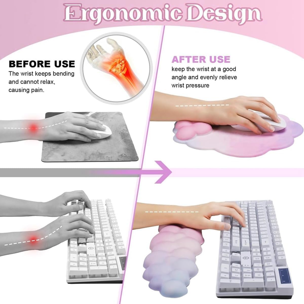 Cloud Mouse Keyboard Wrist Rest:Cute Wrist Rest Set -Ergonomic Memory Foam Wrist Support Pad with Non-Slip Base for Typing Pain Relief - for Computer Keyboard Laptop Offices (Cyan/Pale Purple/Pink)