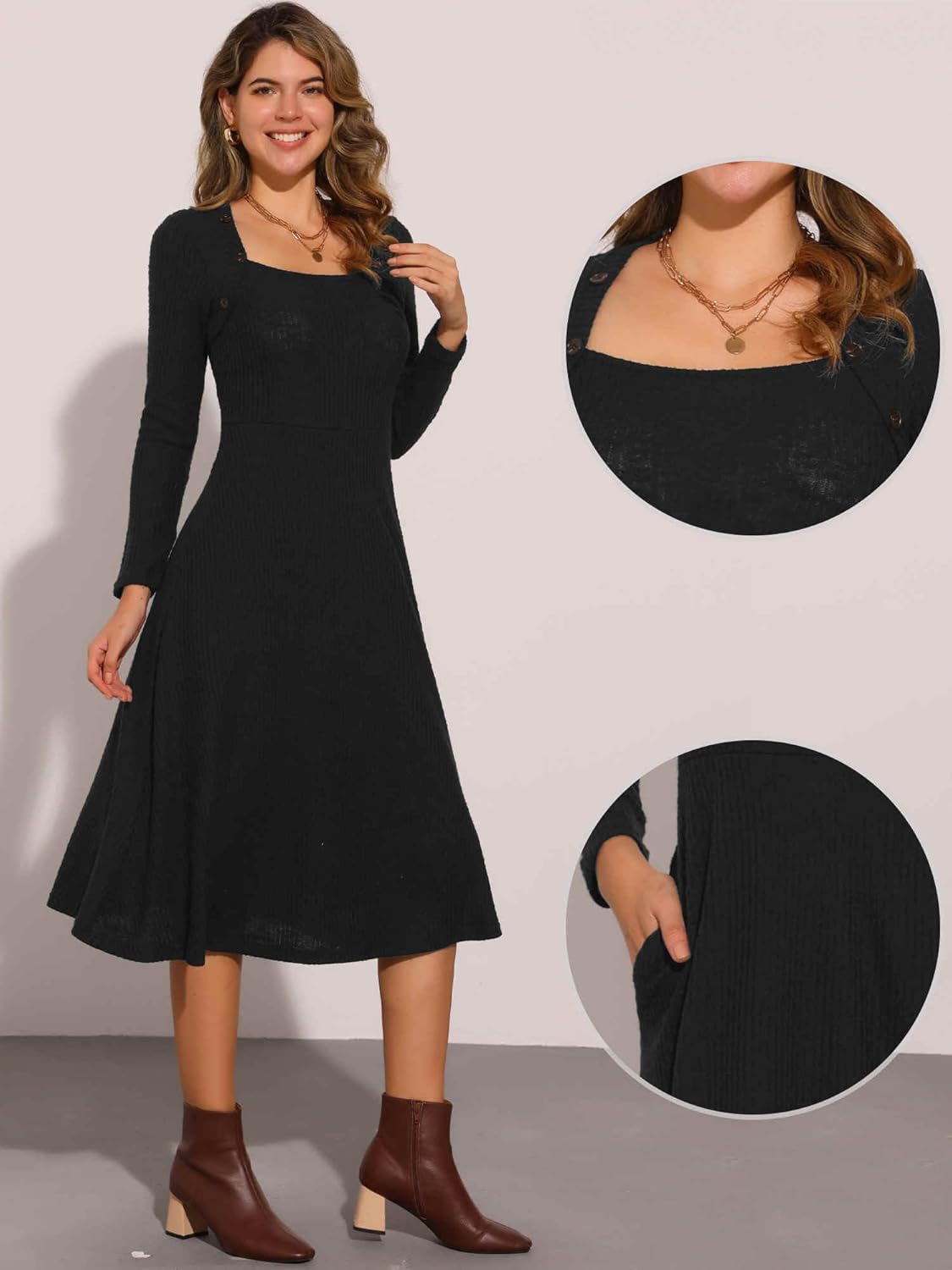 Allegra K Knit Sweater Dress for Women's 2025 Fall with Pockets Square Neck Casual Teacher Ribbed Dresses - Image 4