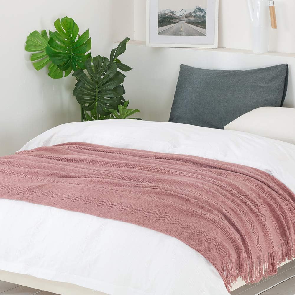BOURINA Coral Pink Throw Blanket 50 x90 Inches Textured Solid Soft Sofa Throw Bed Runner Knitted Decorative Blanket