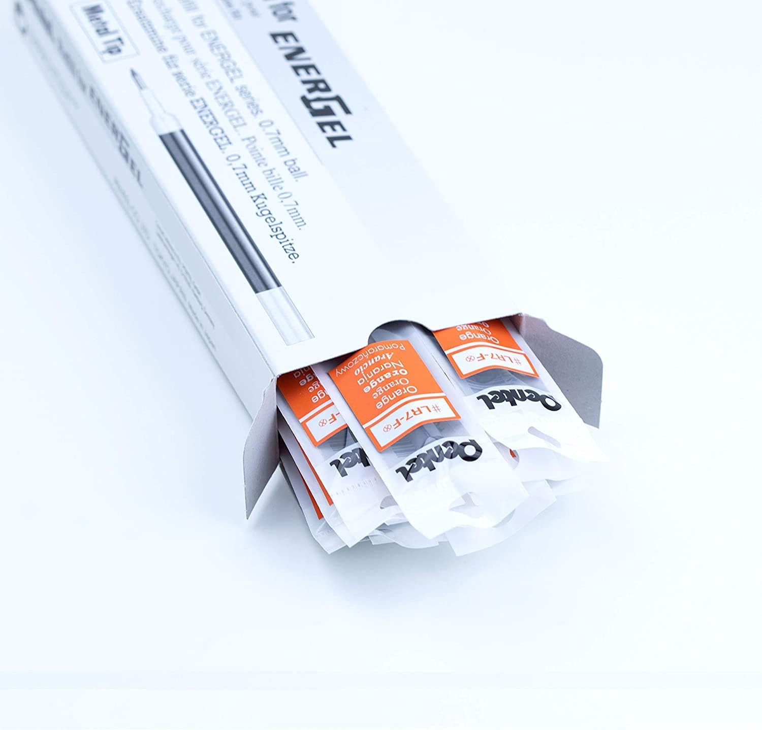 Pentel Refill Ink For EnerGel and Lancelot Gel Pen, (0.7mm) Metal Tip, Orange Ink, Pack of 12 (LR7-F)