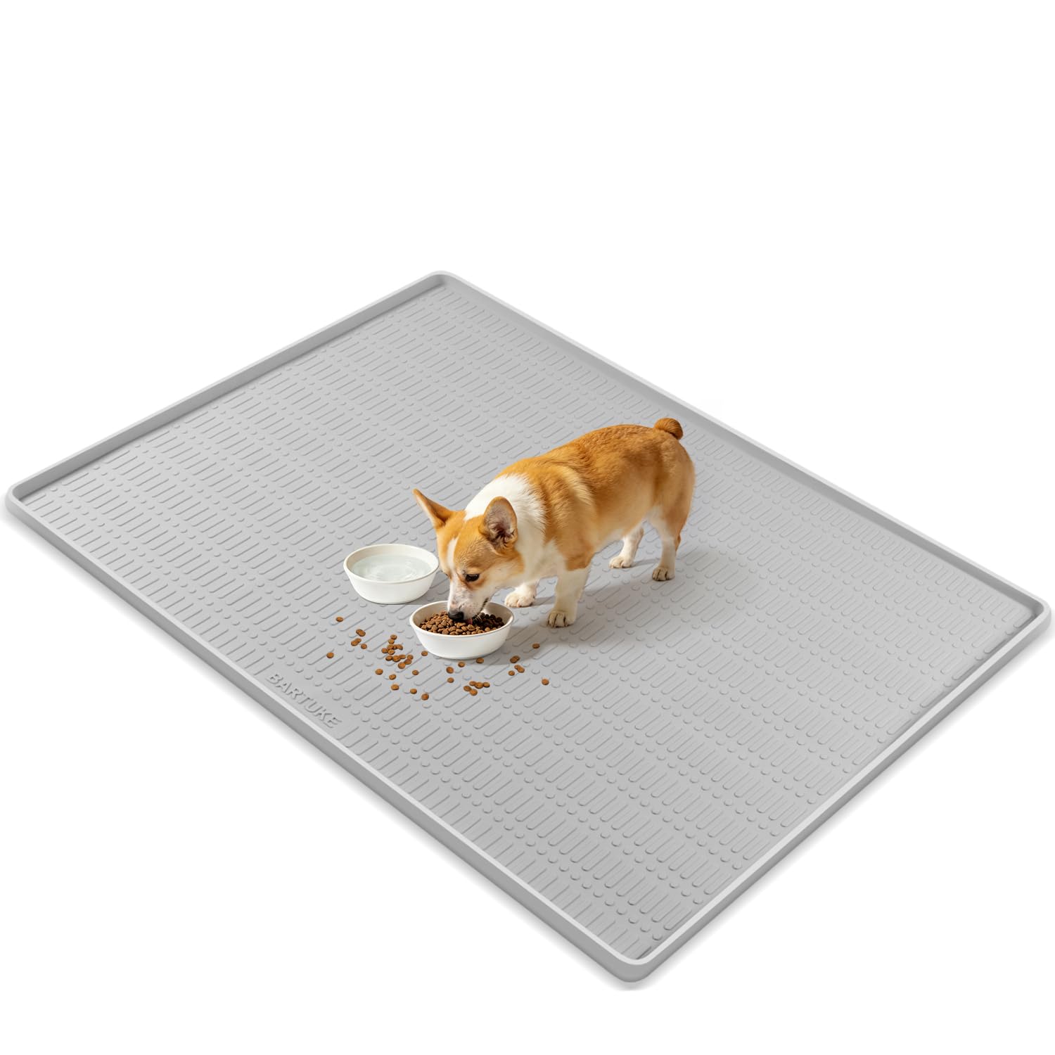 Kalolary 47" x 35" Silicone Dog Food Mat, Waterproof Pet Feeding Mat with Raised Edge, Extra Large Dog Bowl Mat Non-Slip Water Bowl Placemats for Dogs, Protects Floors, Easy to Clean (Light Gray)