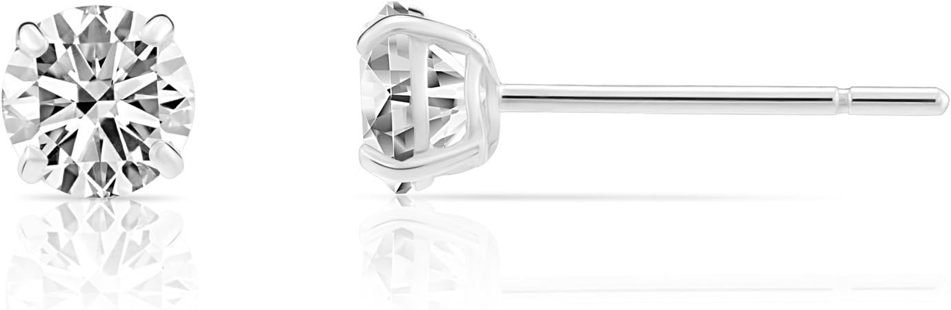 14k White Gold Solitaire Round Cubic Zirconia Stud Earrings with Silicone Pushbacks