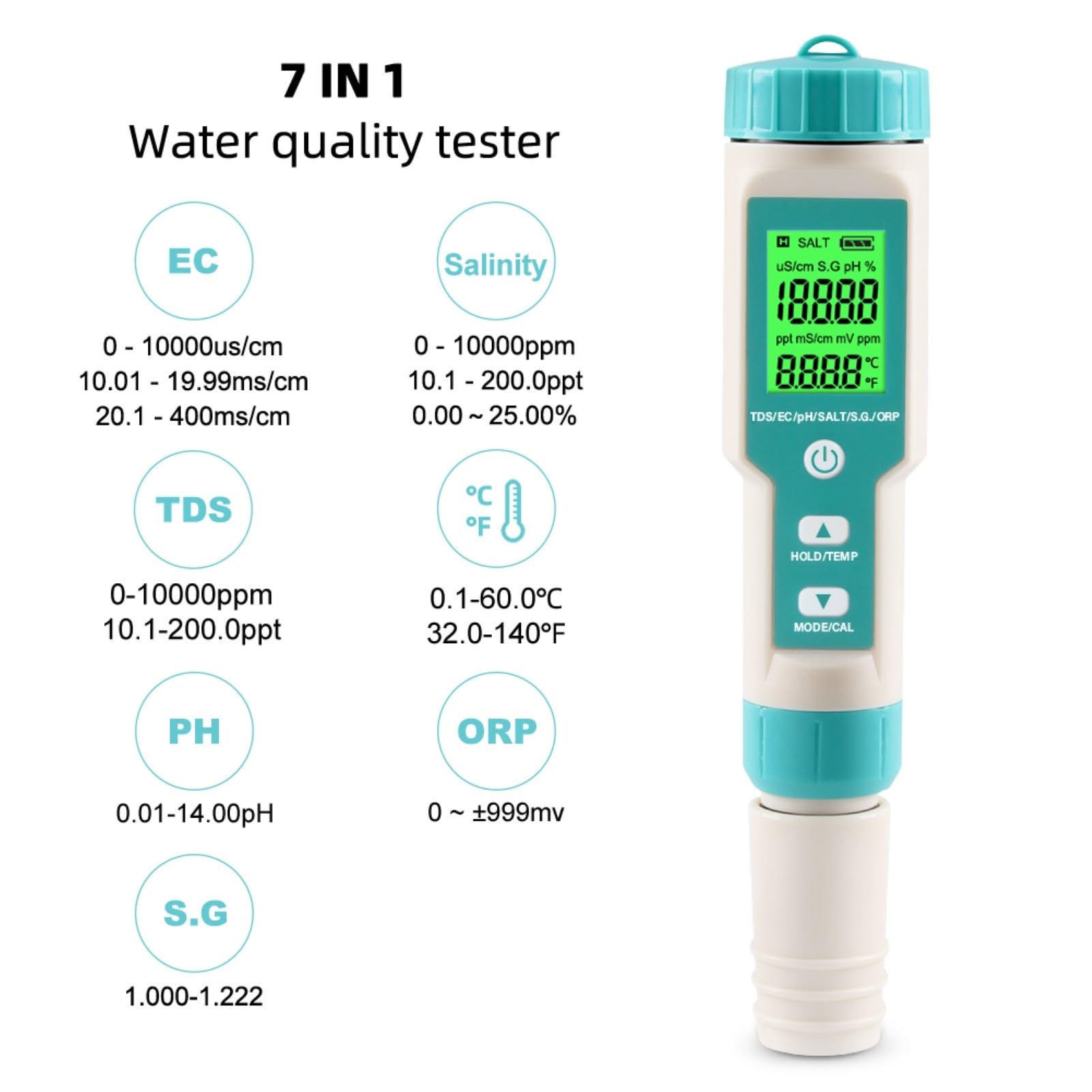 Testeur de qualité de l'eau Multifonction | Mesure Le pH, la conductivité, Le TDS, la salinité, Le potentiel redox, la SG et la température | Grand écran LCD