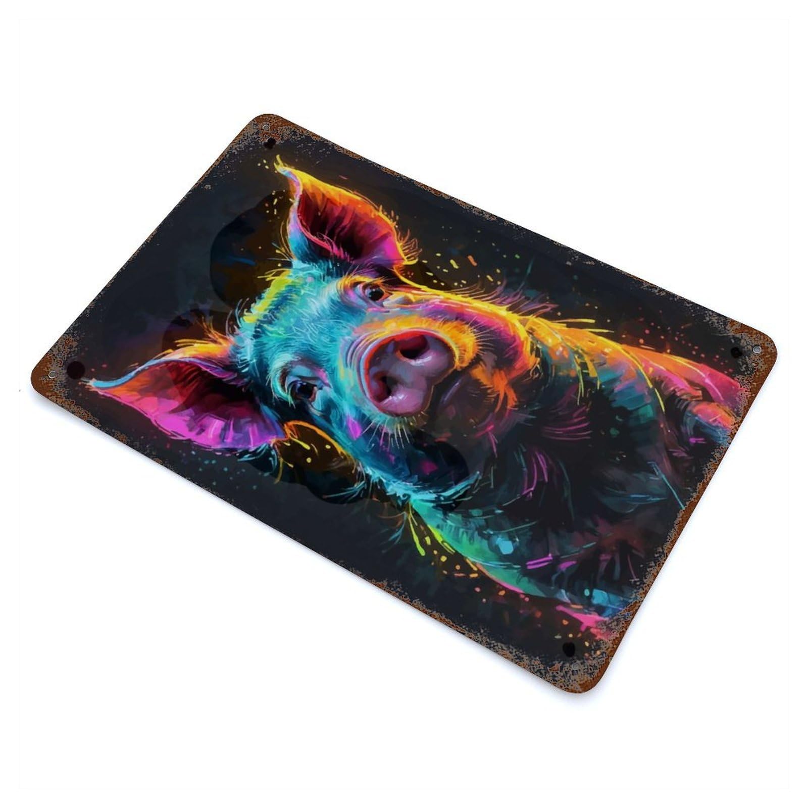 Neon Pig Watercolor Portrait Weathered Tin Sign 11.8"x7.9", Rustic Home Decor for Garage, Bar And Workshop Decor