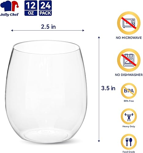 Miniatura 9 de JOLLY CHEF Paquete de 24 copas de vino de plástico de 16 onzas. Copas de vino de plástico sin tallo, copas de vino de plástico desechables, copas de