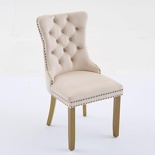 Miniatura 5 de Mid-Century Modern Dining Chairs Set with Lion Head Pull Ring, High-end Tufted Solid Wood Contemporary Velvet Upholstered with Golden Wooden Legs