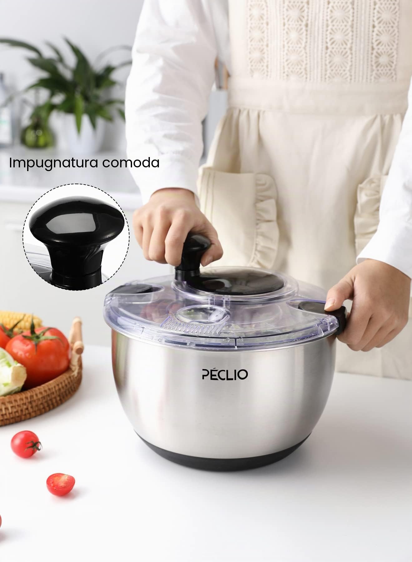 Centrifuga per insalata grande da 4,5 l, in acciaio inox 18/10, di alta qualità, con coperchio trasparente, fondo antiscivolo, centrifuga per insalata con azionamento a manovella, senza BPA e lavabile