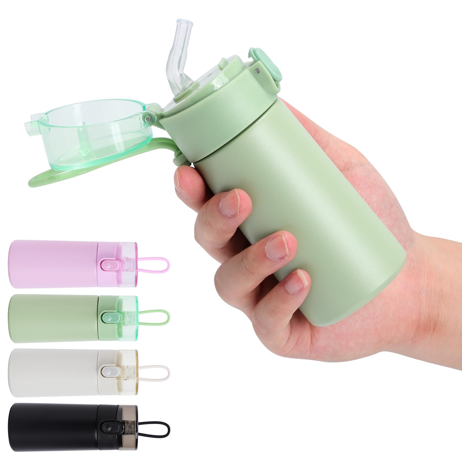 Risipu Small Water Bottle 150ml with Straw Mini Thermos Flask for Hot and Cold Drinks, One-Hand Open, Leak-Proof Lid, Stainless Steel, Portable for Coffee, Milk, Juice (Green)
