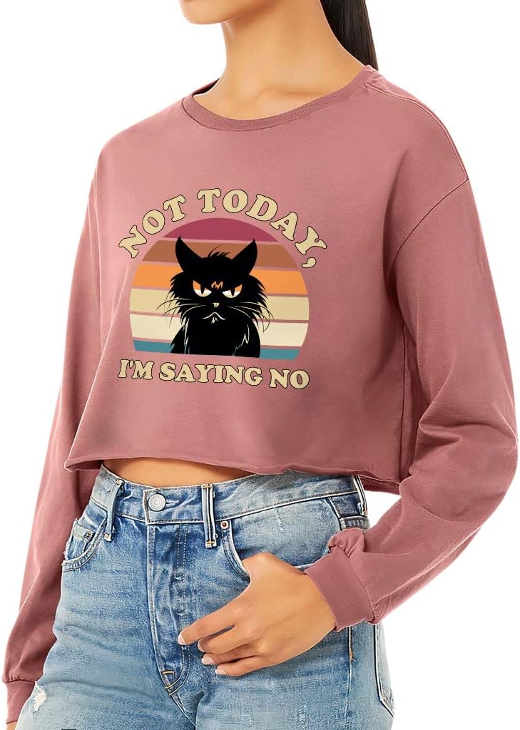 I'm Saying No Cropped Long Sleeve T-Shirt - Cat Design Women's T-Shirt - Printed Long Sleeve Tee - Black, S