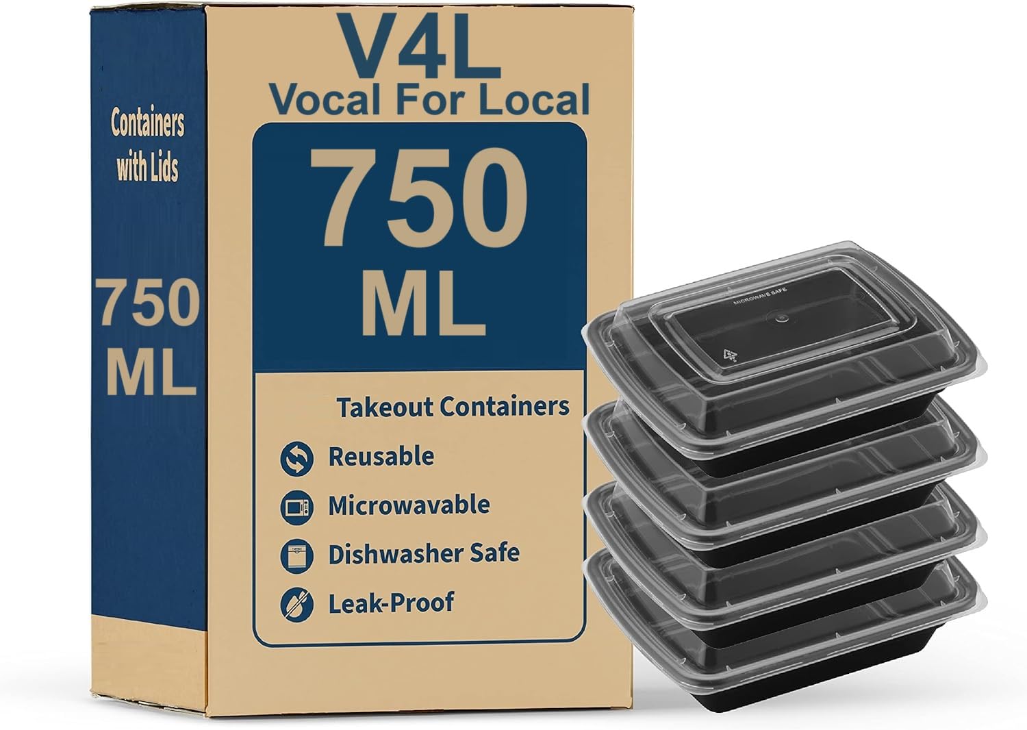 V4L Plastic Rectangle Container With Lid- 750Ml, Pack Of 10, Black