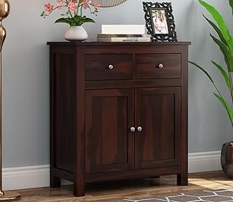Solid Sheesham Wood Wooden Sideboard Storage Cabinet : Ideal for Living Room and Bedroom with 2 Drawers and 2-Shelf Storage (Clovis, Walnut Finish)