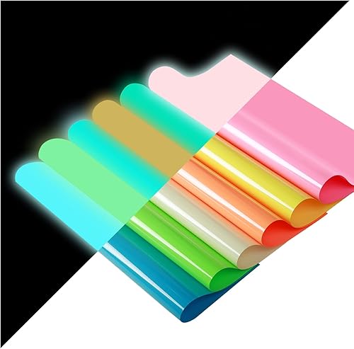 Vinilo de transferencia de calor que brilla en la oscuridad, 6 hojas de vinilo de 12 x 10 pulgadas, poliuretano HTV luminoso fluorescente para