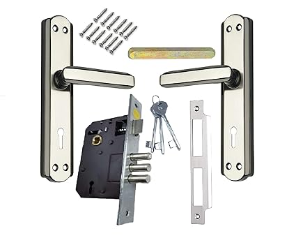 ONMAX Steel 7 inches Mortice Door Handle Lock Set KY Black Silver Finish with 65mm 3 Bullet Double Action Door Lock 6 Lever with 3 Keys/Mortise Lock/Door Locks/Door Handlesets (BML6+S701MSB)