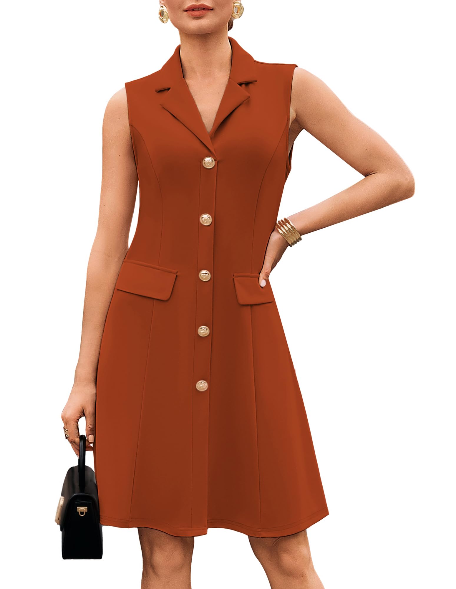 GRACE KARIN Damen Sommer Kleid Elegant Ärmellos Reverskragen Hohe Taille A Linie Knielang Freizeitkleid