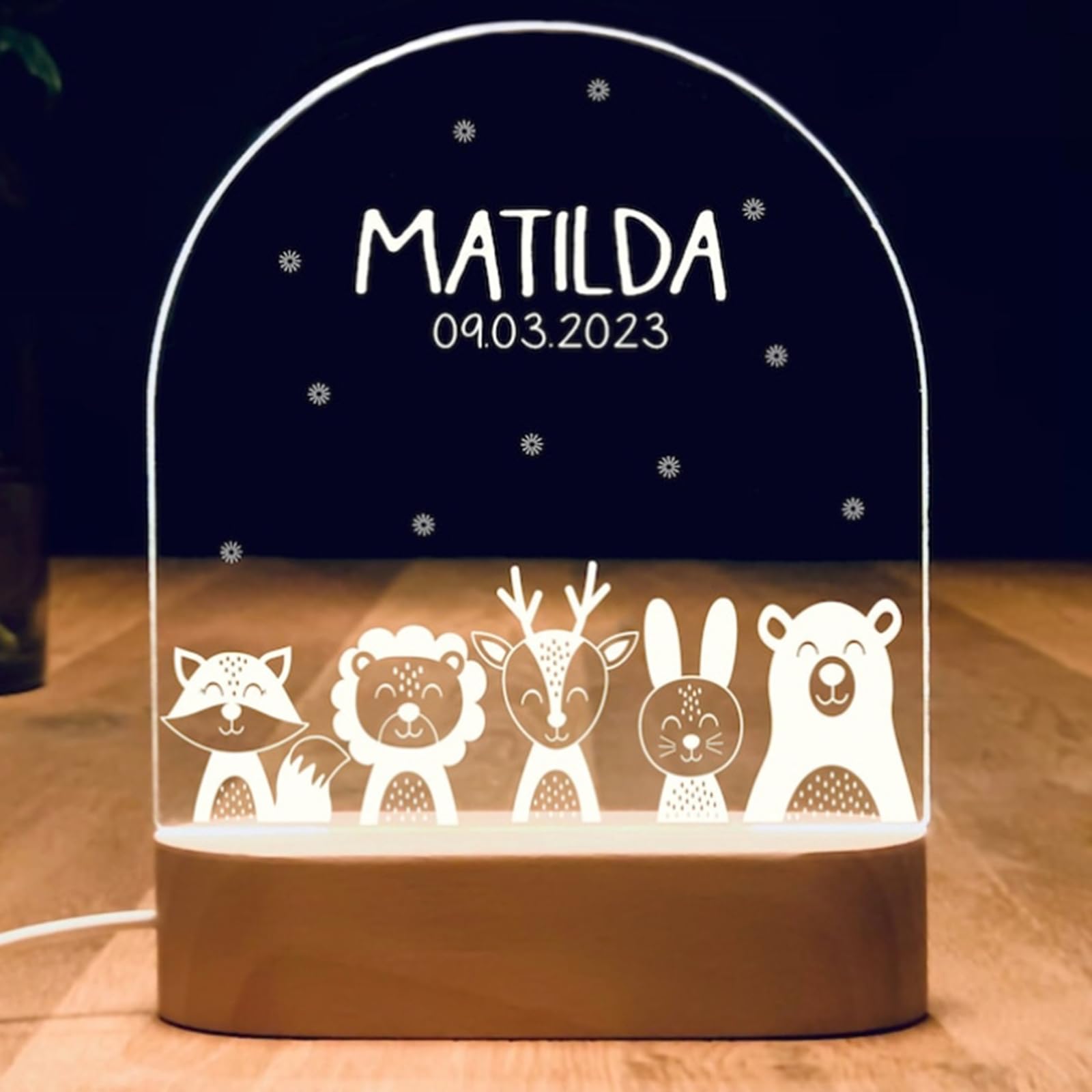 Fallover Personalised Night Light with Baby Name and Date, Custom LED Lamp for Baby Boys Girls Nursery, Cute Animals Pattern, Baby Sleep Light, Christening Birthday Christmas Day Gifts (Design 08)