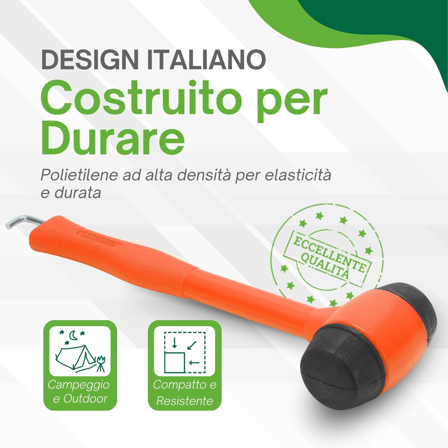 Moscatelli Martello Campeggio Polivalente, Robusto ed Ergonomico con Gancio per Estrarre Picchetti – Leggero, Compatto e Resistente, Ideale per Terreni Morbidi, Umidi e Misti - Arancio