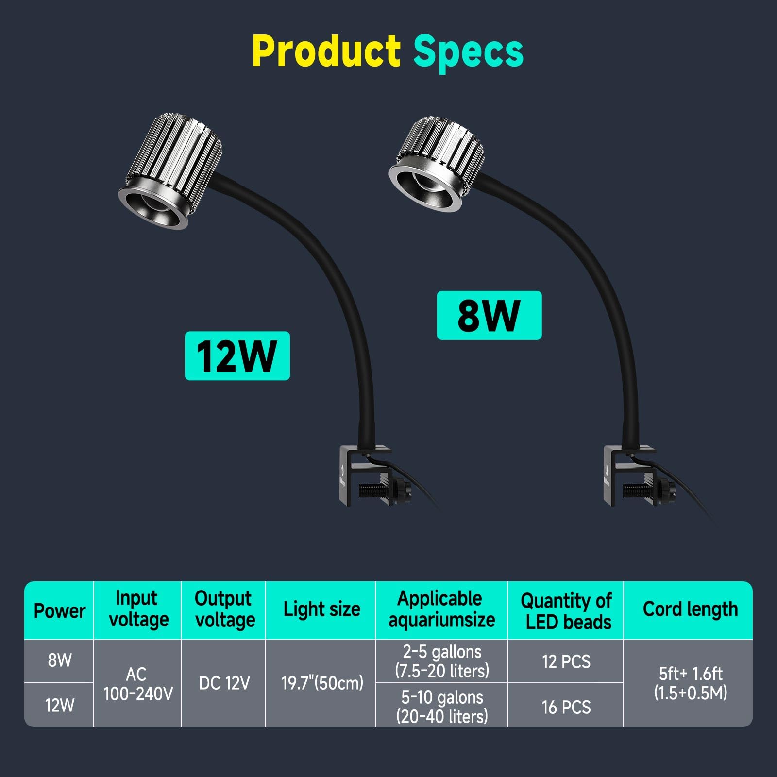 Clip On 24/7 Salzwasser-Aquarium-Licht, kleines Aquarium-Licht mit 3 DIY-Farben, 10 Helligkeitsstufen und 3 Timer-Einstellungen, flexible Aquarium-Lichter geeignet für Salzwasser