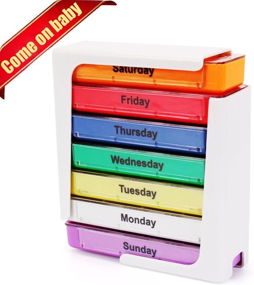 Black Leather Pill Carrying Case with 7 Color Pill Container Boxes,Each Pill Box Has 4 Compartments,Organizes Your Vitamins/ Fish Oil/ Calcium Tablet