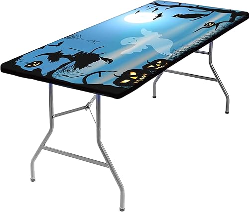 Miniatura 6 de RWNFA Mantel ajustable de fantasma de Halloween, diseño de calabazas y búhos azul y luna grande, borde elástico, mantel rectangular para picnic al