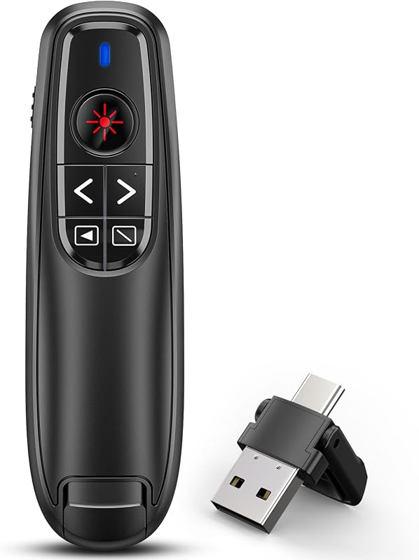 Clicker de presentación para Powerpoint Presenter Remote con puntero láser | Avance Deslizante Inalámbrico para Computadora/Mac/Laptop/PPT, Puntero Rojo, Receptor RF 2.4GHz USB A y Tipo C, Plug and Play, Negro