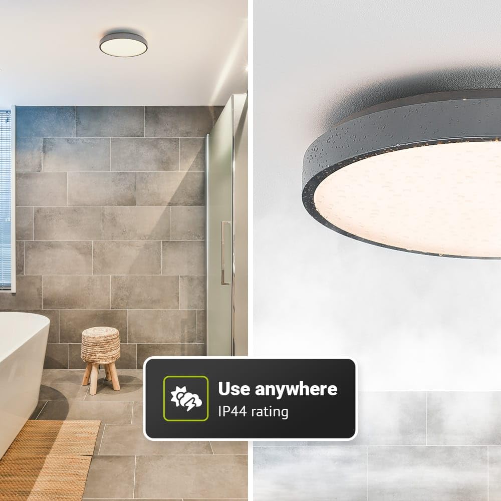 HOFTRONIC - LED Deckenlampe Badezimmer Schwarz 35 cm - Ultra Flach - 24 Watt Dimmbar mit Fernbedienung - CCT 3000K, 4000K, 6500K - IP44 Wasserdicht - Deckenleuchte Plafonniere