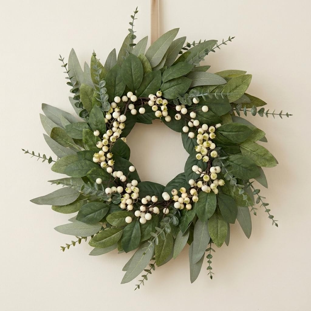 24 Inch Spring Wreaths for Front Door, Artificial Eucalyptus Greenery Wreath with White Berries, Large Farmhouse Door Wreath for Summer Year-Round Outdoor Indoor Wall Decor