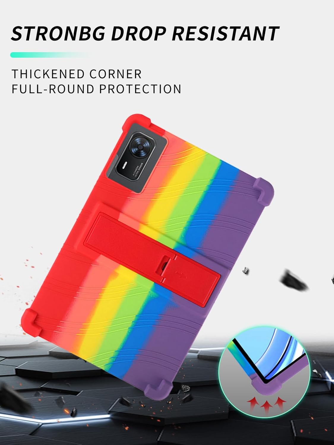 Case for Doogee Tab E3+ Android 15 Tablet 12 inch，WUNIAK Shock Proof Lightweight Stand Rubber Shell Protective Cover,Kids Friendly Soft Silicone Adjustable Stand Cover,Rainbow