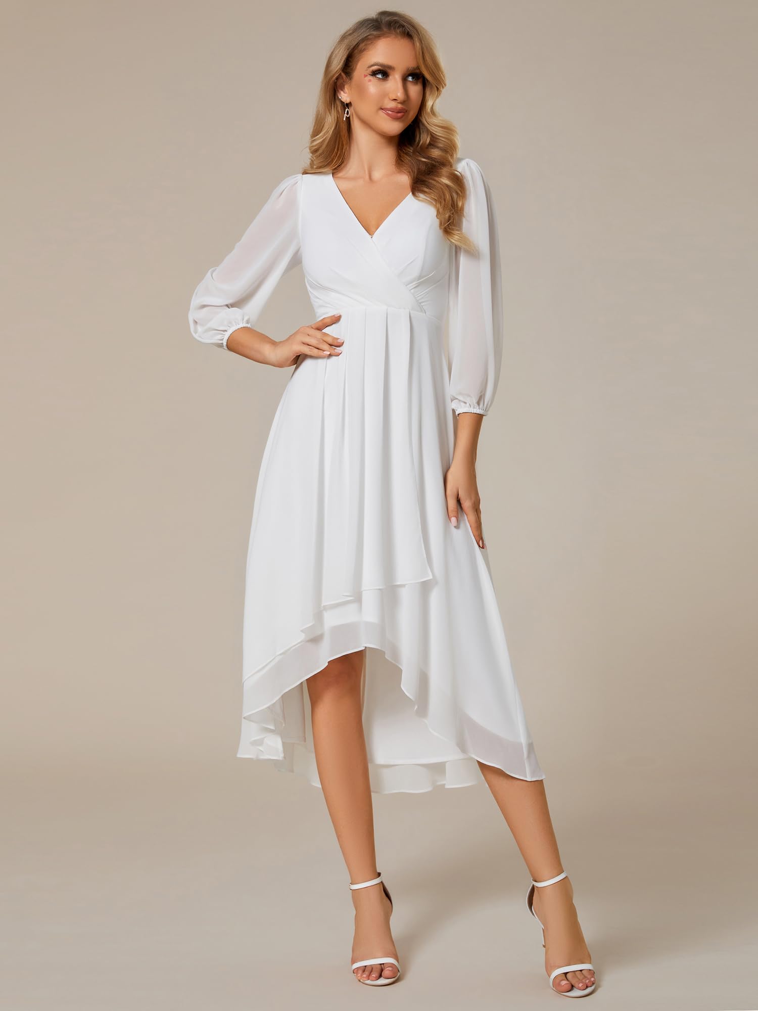 Ever-Pretty 01926 Robe plissée en Mousseline de Soie avec col en V et Manches Longues pour Femme