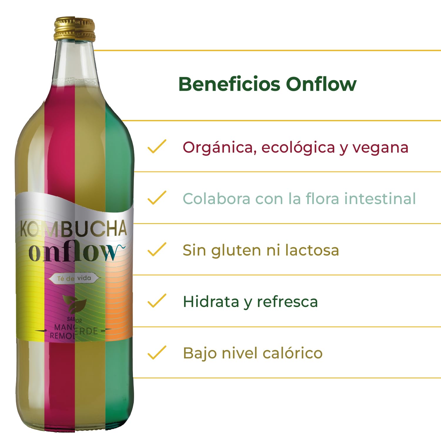 Kombucha Natural Onflow Sin Azúcar Pack 4 Botellas 1L Sabores Jenjibre-Limón Té Verde Mango-Remolacha Melón-Espirulina