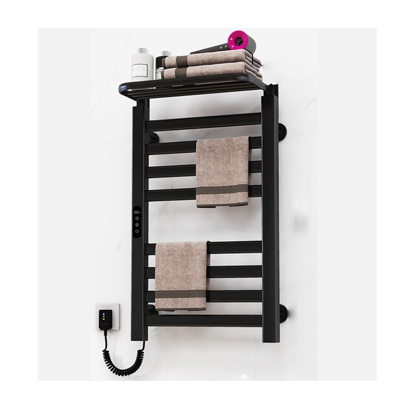 Chauffe-serviettes mural noir 8 barres avec minuterie intelligente et rangement supérieur