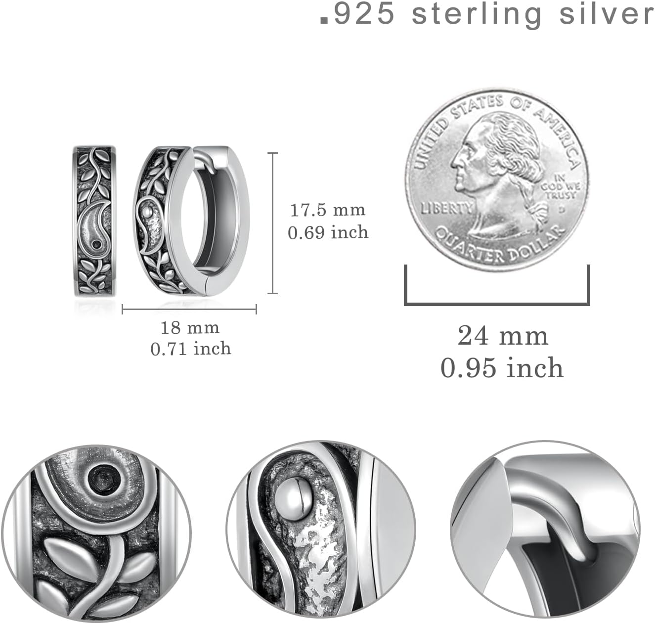925 Sterling Silver Yin Yang Earrings for Men Women - Men Hoop Earrings with Yin Yang Symbol Spiritual Jewelry
