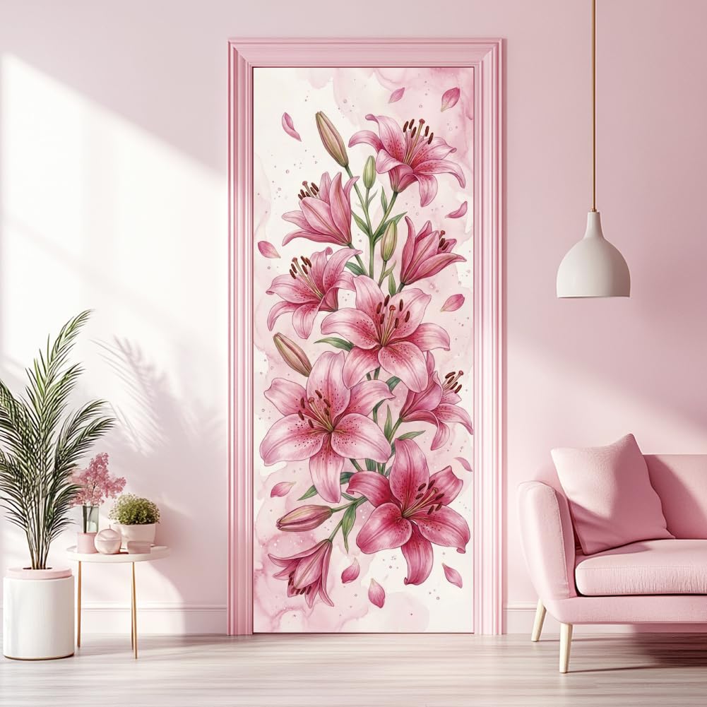 arricraft 2 Sheets Self-Adhesive Door Sticker, 80cmx200cm/31.5x78.7inch Watercolor Pink Lily Pattern Door Murals Stickers PVC Removable Wallpaper Decoration for Bedrooms ​Living Room