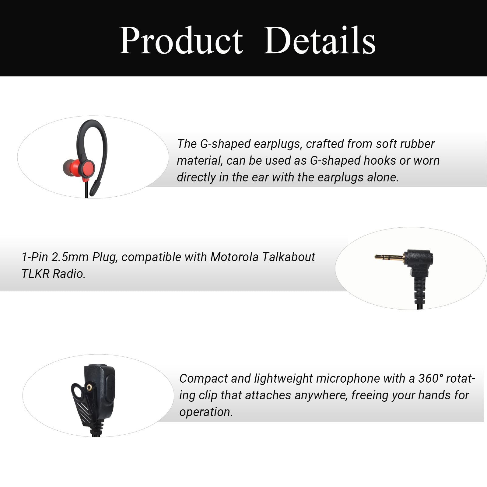 UAYESOK Auricolare radio per walkie talkie, a forma di G, con gancio morbido di sicurezza, con microfono PTT, per Motorola TLKR-T60 T61 T62 T80 T81 T82 T-92 H2O T80 Extreme T82 Extreme (confezione da
