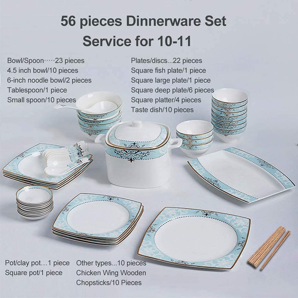 Zestaw obiadowy do restauracji i domu, 56-częściowy zestaw zastawy stołowej, ceramiczna zastawa stołowa, 10 sztuk miski 4,5 cala, 2 sztuki miski na makaron 6 cali, 6 sztuk talerza kwadratowego