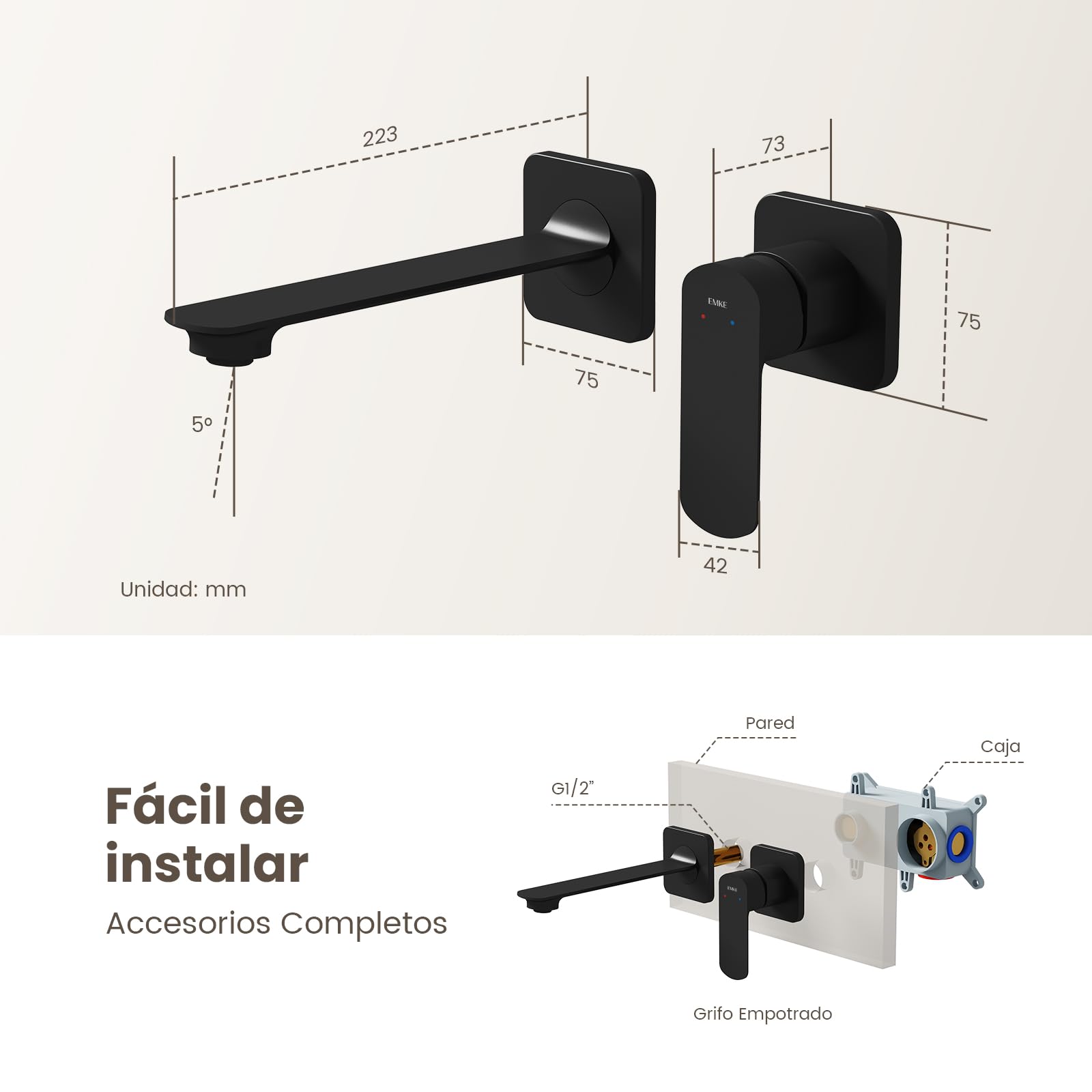 EMKE Grifo de Baño Modular, 233x127x110 mm, Cuerpo de Latón Negro Mate, Mezclador para Lavabo, Grifo de Cocina con Aireador, Cartucho Cerámico, Grifo de Lavabo