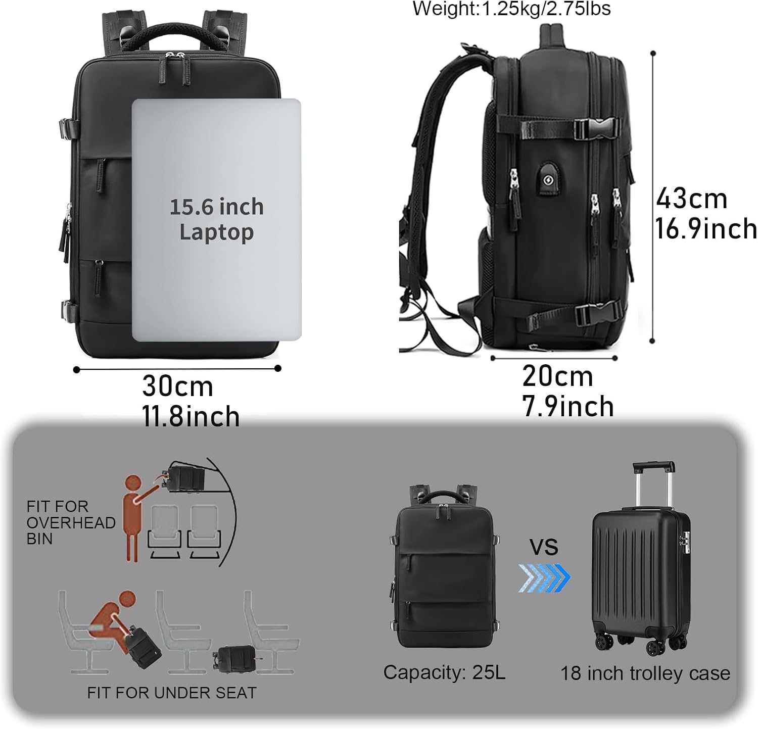 Somago Travel Unisex Backpack Carry On Casual Daypacks Rucksack Backpack Anti Theft for 15.6 Inch Laptop Business with Shoe Compartment Dry Wet Pocket USB Charger Port (Black)