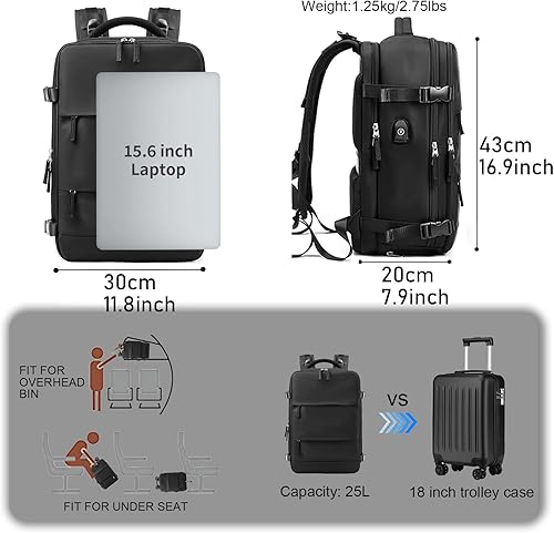 Miniatura 4 de Somago Mochila de viaje con 3 compartimentos grandes, aprobada por aerolíneas, mochila de mano casual, para portátiles de hasta 16 pulgadas, Negro