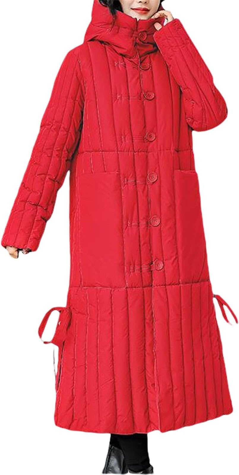 EMUKFD Women's Long Puffer Jacket, Winter Thicken Down Coat Hooded Quilted Jacket, Maxi Length Padded Jacket, Warm Cotton Cover Coat, Outdoor Thick Overcoat Fleece Ski Hiking Jackets with Pockets