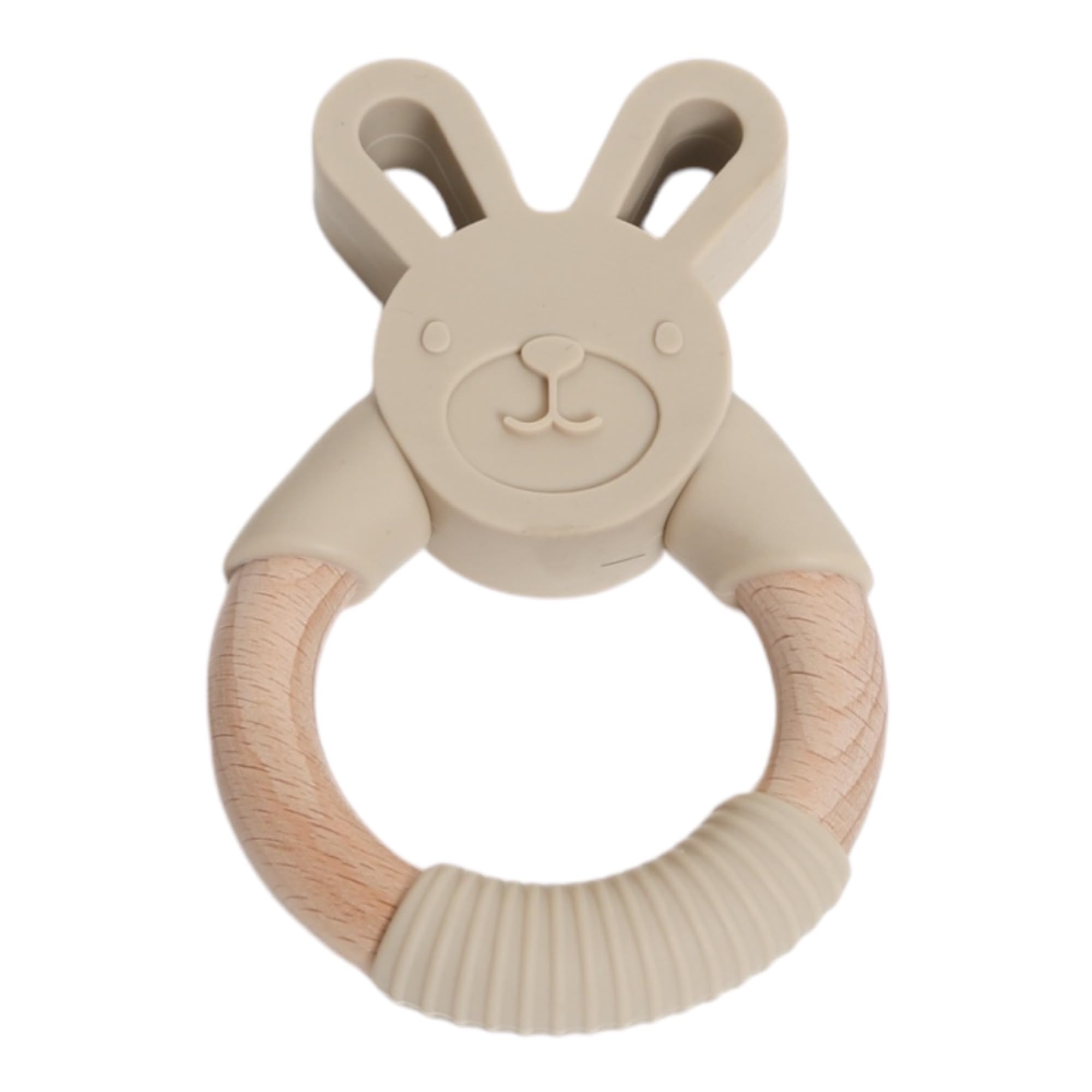 Personalised Silicone Bunny Teether, Teething Toy for Baby, Easy to Grip, Organic Beechwood, Food Grade Silicone, BPA Free, 4 Months Old+, 12 Colours Available, Babies First Easter Gift. (Sand)