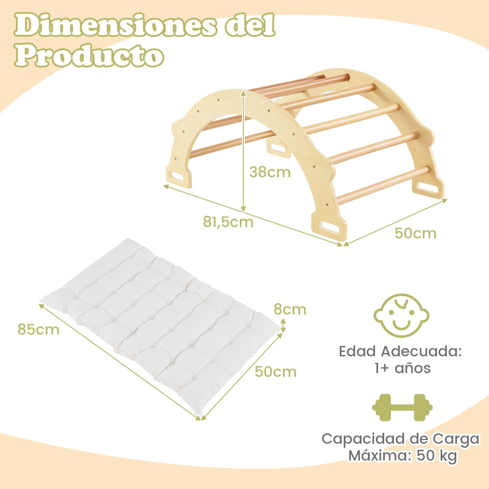 COSTWAY Triángulo de Escalada 2 en 1 con Cojín Suave, Arco de Escalada de Doble Cara, Juguete de Escalada y Balancín de Madera para Niños de 1 + Años para Jardines de Infantes (Natural)