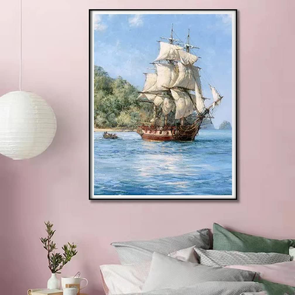 DVWIVGY DIY Sailboat Diamond Painting, 5D Full Drill Sailboat Sailing on Sea Round Diamond Art Painting for Adults, Diamond Dots for Home Wall Decor Christmas Thanksgiving Gifts 12x16 inch