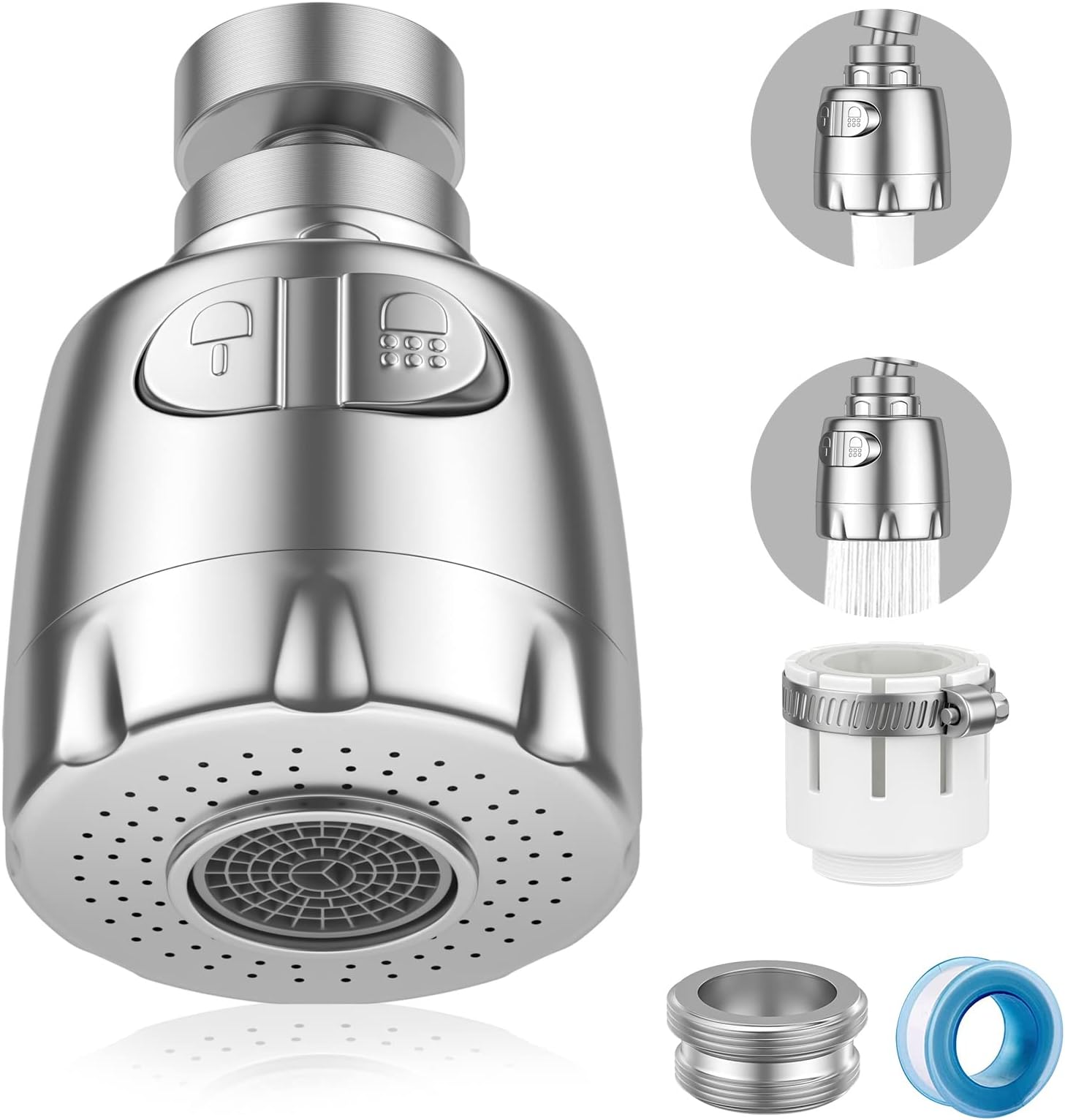 Vinabo Filtro Rubinetto Rocker Tap, 360° Swivel Sink, Bubbler Aerator, Water Saving Faucet Filter Regulator Spray Head Nozzle for Kitchen Bathroom, 2 Modes, Silver